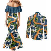Aloha Festive Hawaii Couples Matching Mermaid Dress and Long Sleeve Button Shirt Mokihana - Maile and Ilima on Navy Blue - Polynesian Pride