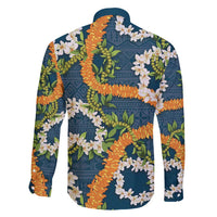Aloha Festive Hawaii Family Matching Off Shoulder Maxi Dress and Hawaiian Shirt Mokihana - Maile and Ilima on Navy Blue - Polynesian Pride