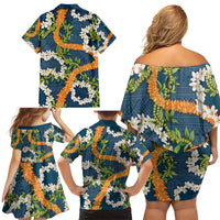 Aloha Festive Hawaii Family Matching Off Shoulder Short Dress and Hawaiian Shirt Mokihana - Maile and Ilima on Navy Blue - Polynesian Pride