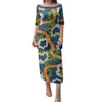 Aloha Festive Hawaii Family Matching Puletasi and Hawaiian Shirt Mokihana - Maile and Ilima on Navy Blue - Polynesian Pride