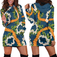 Aloha Festive Hawaii Hoodie Dress Mokihana - Maile and Ilima on Navy Blue - Polynesian Pride