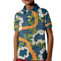 Aloha Festive Hawaii Kid Polo Shirt Mokihana - Maile and Ilima on Navy Blue - Polynesian Pride