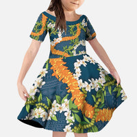 Aloha Festive Hawaii Kid Short Sleeve Dress Mokihana - Maile and Ilima on Navy Blue LT7 KID Navy Blue - Polynesian Pride