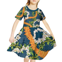 Aloha Festive Hawaii Kid Short Sleeve Dress Mokihana - Maile and Ilima on Navy Blue LT7 - Polynesian Pride