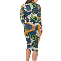 Aloha Festive Hawaii Long Sleeve Bodycon Dress Mokihana - Maile and Ilima on Navy Blue - Polynesian Pride