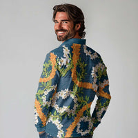Aloha Festive Hawaii Long Sleeve Polo Shirt Mokihana - Maile and Ilima on Navy Blue - Polynesian Pride