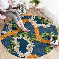 Aloha Festive Hawaii Round Carpet Mokihana - Maile and Ilima on Navy Blue - Polynesian Pride