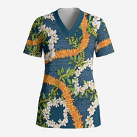 Aloha Festive Hawaii Scrub Top Mokihana - Maile and Ilima on Navy Blue - Polynesian Pride