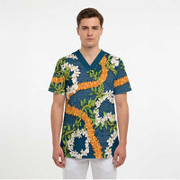 Aloha Festive Hawaii Scrub Top Mokihana - Maile and Ilima on Navy Blue - Polynesian Pride