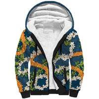Aloha Festive Hawaii Sherpa Hoodie Mokihana - Maile and Ilima on Navy Blue - Polynesian Pride