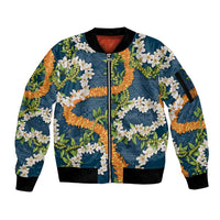 Aloha Festive Hawaii Sleeve Zip Bomber Jacket Mokihana - Maile and Ilima on Navy Blue - Polynesian Pride