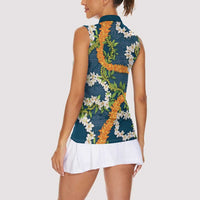Aloha Festive Hawaii Women Sleeveless Polo Shirt Mokihana - Maile and Ilima on Navy Blue - Polynesian Pride
