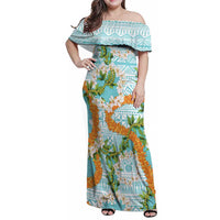 Aloha Festive Hawaii Family Matching Off Shoulder Maxi Dress and Hawaiian Shirt Mokihana - Maile and Ilima on Turquoise - Polynesian Pride