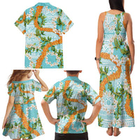 Aloha Festive Hawaii Family Matching Tank Maxi Dress and Hawaiian Shirt Mokihana - Maile and Ilima on Turquoise - Polynesian Pride