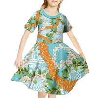 Aloha Festive Hawaii Kid Short Sleeve Dress Mokihana - Maile and Ilima on Turquoise LT7 - Polynesian Pride