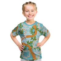 Aloha Festive Hawaii Kid T Shirt Mokihana - Maile and Ilima on Turquoise - Polynesian Pride