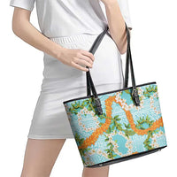 Aloha Festive Hawaii Leather Tote Bag Mokihana - Maile and Ilima on Turquoise - Polynesian Pride