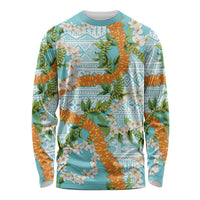 Aloha Festive Hawaii Long Sleeve Shirt Mokihana - Maile and Ilima on Turquoise LT7 Unisex Turquoise - Polynesian Pride