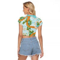 Aloha Festive Hawaii Raglan Cropped T Shirt Mokihana - Maile and Ilima on Turquoise - Polynesian Pride