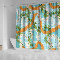 Aloha Festive Hawaii Shower Curtain Mokihana - Maile and Ilima on Turquoise - Polynesian Pride