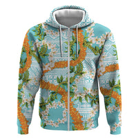 Aloha Festive Hawaii Zip Hoodie Mokihana - Maile and Ilima on Turquoise - Polynesian Pride