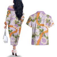 Aloha Festive Hawaii Couples Matching Off The Shoulder Long Sleeve Dress and Hawaiian Shirt Mokihana - Maile and Ilima on Lilac - Polynesian Pride