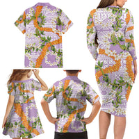 Aloha Festive Hawaii Family Matching Long Sleeve Bodycon Dress and Hawaiian Shirt Mokihana - Maile and Ilima on Lilac - Polynesian Pride