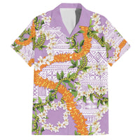 Aloha Festive Hawaii Family Matching Off The Shoulder Long Sleeve Dress and Hawaiian Shirt Mokihana - Maile and Ilima on Lilac - Polynesian Pride