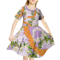 Aloha Festive Hawaii Kid Short Sleeve Dress Mokihana - Maile and Ilima on Lilac LT7 - Polynesian Pride