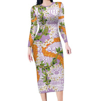 Aloha Festive Hawaii Long Sleeve Bodycon Dress Mokihana - Maile and Ilima on Lilac - Polynesian Pride
