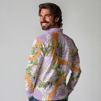 Aloha Festive Hawaii Long Sleeve Polo Shirt Mokihana - Maile and Ilima on Lilac - Polynesian Pride