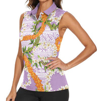 Aloha Festive Hawaii Women Sleeveless Polo Shirt Mokihana - Maile and Ilima on Lilac - Polynesian Pride