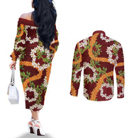 Aloha Festive Hawaii Couples Matching Off The Shoulder Long Sleeve Dress and Long Sleeve Button Shirt Mokihana - Maile and Ilima on Crimson - Polynesian Pride