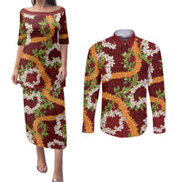 Aloha Festive Hawaii Couples Matching Puletasi and Long Sleeve Button Shirt Mokihana - Maile and Ilima on Crimson LT7 Crimson - Polynesian Pride