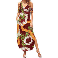 Aloha Festive Hawaii Family Matching Summer Maxi Dress and Hawaiian Shirt Mokihana - Maile and Ilima on Crimson - Polynesian Pride