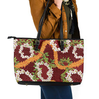 Aloha Festive Hawaii Leather Tote Bag Mokihana - Maile and Ilima on Crimson - Polynesian Pride