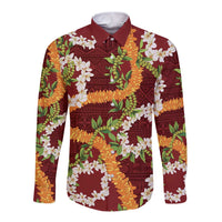 Aloha Festive Hawaii Long Sleeve Button Shirt Mokihana - Maile and Ilima on Crimson LT7 Unisex Crimson - Polynesian Pride