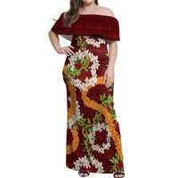 Aloha Festive Hawaii Off Shoulder Maxi Dress Mokihana - Maile and Ilima on Crimson LT7 Women Crimson - Polynesian Pride
