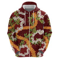 Aloha Festive Hawaii Zip Hoodie Mokihana - Maile and Ilima on Crimson - Polynesian Pride