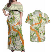 Aloha Festive Hawaii Couples Matching Off Shoulder Maxi Dress and Hawaiian Shirt Mokihana - Maile Leis in Muted Summer - Polynesian Pride