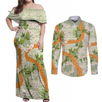 Aloha Festive Hawaii Couples Matching Off Shoulder Maxi Dress and Long Sleeve Button Shirt Mokihana - Maile Leis in Muted Summer - Polynesian Pride