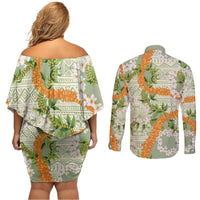 Aloha Festive Hawaii Couples Matching Off Shoulder Short Dress and Long Sleeve Button Shirt Mokihana - Maile Leis in Muted Summer - Polynesian Pride