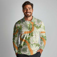 Aloha Festive Hawaii Long Sleeve Polo Shirt Mokihana - Maile Leis in Muted Summer - Polynesian Pride