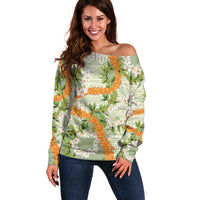 Aloha Festive Hawaii Off Shoulder Sweater Mokihana - Maile Leis in Muted Summer - Polynesian Pride