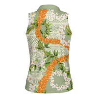 Aloha Festive Hawaii Women Sleeveless Polo Shirt Mokihana - Maile Leis in Muted Summer - Polynesian Pride
