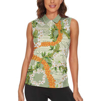 Aloha Festive Hawaii Women Sleeveless Polo Shirt Mokihana - Maile Leis in Muted Summer - Polynesian Pride