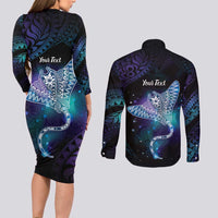 Polynesian Tala Manta Ray Couples Matching Long Sleeve Bodycon Dress and Long Sleeve Button Shirt Nowhere You Could Go That I Won't Be With You - Polynesian Pride