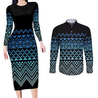 Maori Niho Taniwha Te Wheiao Couples Matching Long Sleeve Bodycon Dress and Long Sleeve Button Shirt Moana Blue - Polynesian Pride