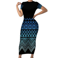Maori Niho Taniwha Te Wheiao Family Matching Short Sleeve Bodycon Dress and Hawaiian Shirt Moana Blue - Polynesian Pride