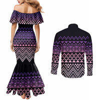 Maori Niho Taniwha Te Wheiao Couples Matching Mermaid Dress and Long Sleeve Button Shirt Waiporoporo - Polynesian Pride